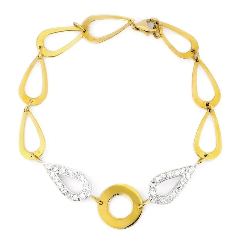 Pulsera oro bicolor 18k eslabones lágrimas centro laterales circonitas círculo liso cierre mosquetón