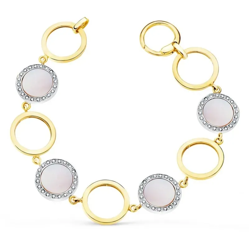 Pulsera oro bicolor 18k 20cm. círculos calados círculos nácar rosa circonitas cierre mosquetón