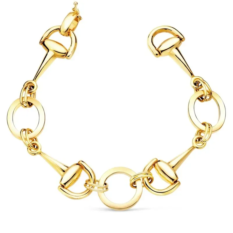 Pulsera oro 18k articulada 20cm. estribos círculos brillo cierre de seguridad