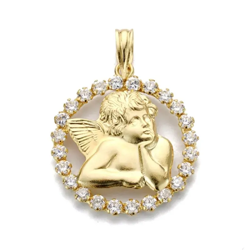 Colgante oro 18k silueta ángel 19mm. liso cerco redondo circonitas