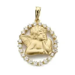 Colgante oro 18k silueta ángel 24mm. liso cerco oval circonitas