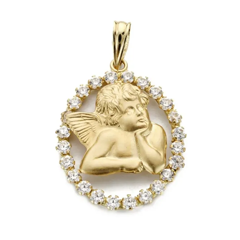 Colgante oro 18k silueta ángel 24mm. liso cerco oval circonitas