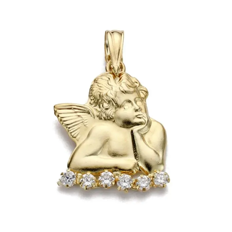 Colgante oro 18k silueta ángel 19mm. liso línea circonitas