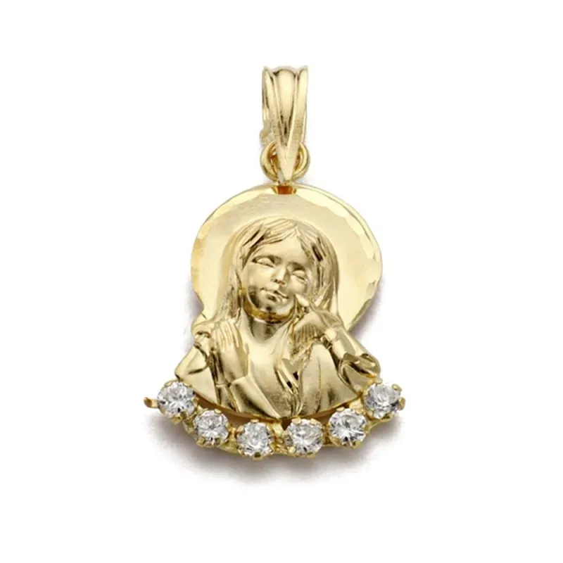 Colgante oro 18k silueta 22mm. Virgen Niña lisa detalle tallado aureola abajo circonitas