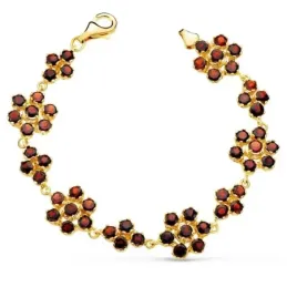 Pulsera oro 18k articulada 19.5cm. detalle flores granates engastadas cierre mosquetón