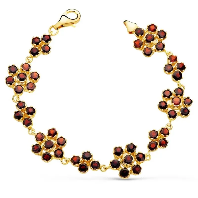 Pulsera oro 18k articulada 19.5cm. detalle flores granates engastadas cierre mosquetón