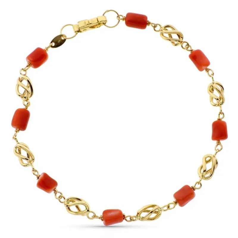 Pulsera oro 18k combinada 19cm. entrepiezas jaulas coral fino japonés tubo cierre mosquetón