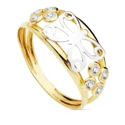 Sortija oro bicolor 18k mujer calada mariposa lateral circonita dos hilos