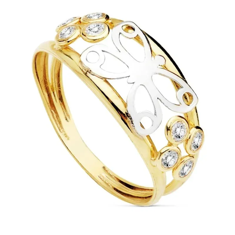 Sortija oro bicolor 18k mujer calada mariposa lateral circonita dos hilos