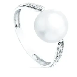 Sortija oro blanco 18k centro perla 10mm. banda circonitas 11mm. laterales