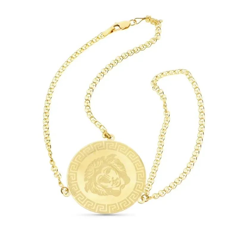 Pulsera oro 18k enganche dedo moneda greca matizada india cierre mosquetón