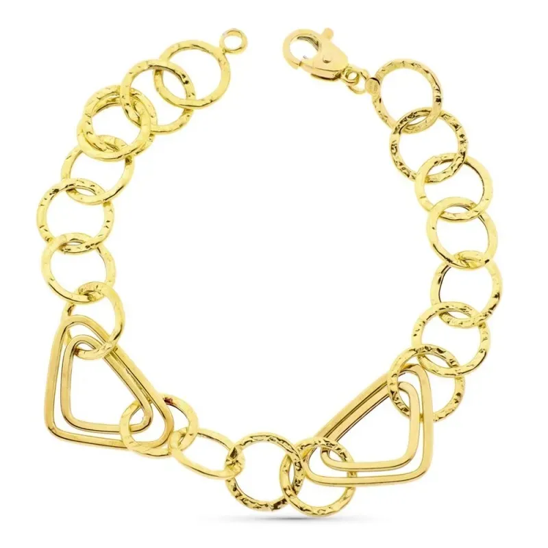 Pulsera oro 18k eslabones huecos triángulos redondos detalles cierre mosquetón
