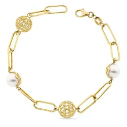Pulsera oro 18k eslabones ovales rectangulares perlas 8mm. bolas caladas cierre mosquetón