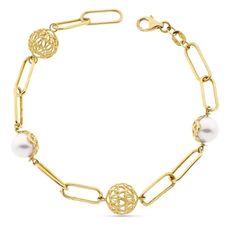 Pulsera oro 18k eslabones ovales rectangulares perlas 8mm. bolas caladas cierre mosquetón
