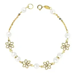 Pulsera oro 18k niña Primera Comunión 18cm. perlas 5.5mm flores talladas cadena forzada cierre reasa
