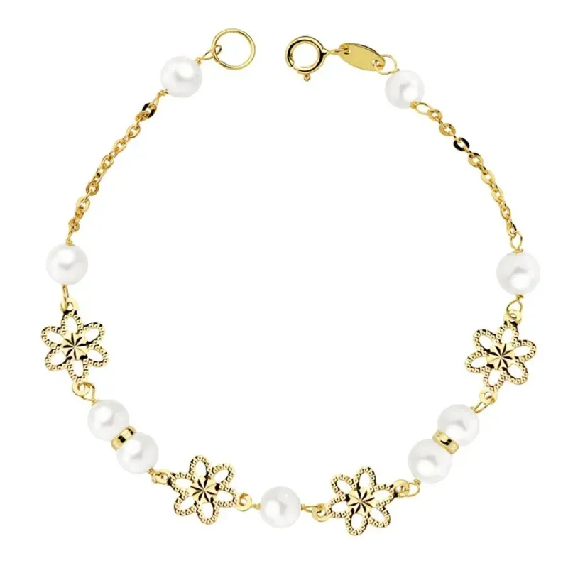 Pulsera oro 18k niña Primera Comunión 18cm. perlas 5.5mm flores talladas cadena forzada cierre reasa