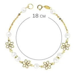 Pulsera oro 18k niña Primera Comunión 18cm. perlas 5.5mm flores talladas cadena forzada cierre reasa