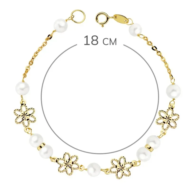 Pulsera oro 18k niña Primera Comunión 18cm. perlas 5.5mm flores talladas cadena forzada cierre reasa