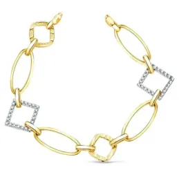 Pulsera oro bicolor 18k articulada 18cm. eslabones alternos brillo tallados circonitas