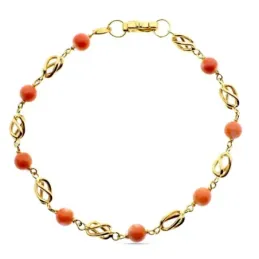 Pulsera oro 18k combinada 18.5cm. entrepiezas jaulas coral fino japonés 5mm. cierre mosquetón