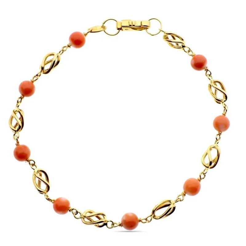 Pulsera oro 18k combinada 18.5cm. entrepiezas jaulas coral fino japonés 5mm. cierre mosquetón