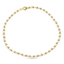 Pulsera oro 18k alterna 19cm. anillas brillo perlas 3mm. cierre reasa
