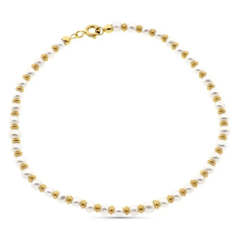 Pulsera oro 18k alterna 19cm. anillas brillo perlas 3mm. cierre reasa