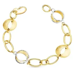 Pulsera oro bicolor 18k 20cm. eslabones ovales motivos redondos rayados cierre mosquetón