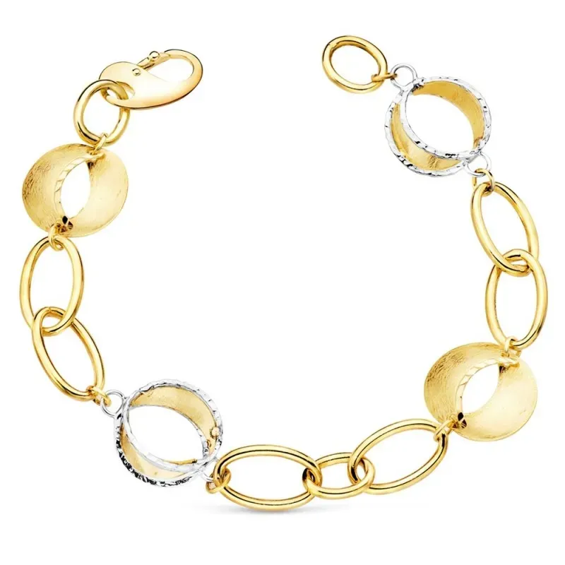 Pulsera oro bicolor 18k 20cm. eslabones ovales motivos redondos rayados cierre mosquetón