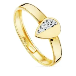 Sortija oro bicolor 18k centro forma hoja 7x6mm. mitad lisa mitad circonitas cuerpo liso