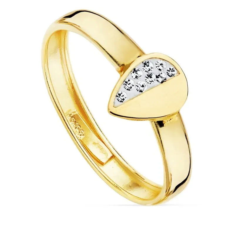 Sortija oro bicolor 18k centro forma hoja 7x6mm. mitad lisa mitad circonitas cuerpo liso