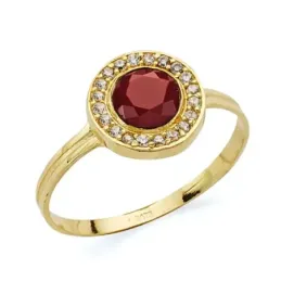 Sortija oro 18k centro piedra roja 5mm. borde circonitas cuerpo liso