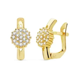 Pendientes oro 18k detalle cuajo circonitas 6x6mm. flor palo curvo liso cierre palillo catalán