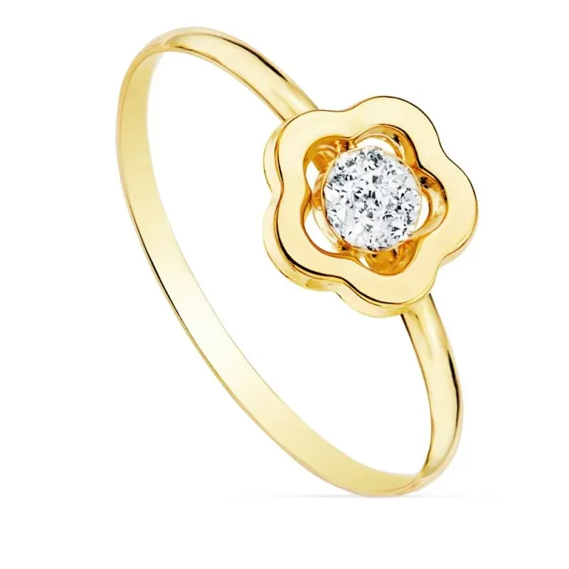 Sortija oro 18k flor 8x8mm. calada centro circonita cuerpo liso