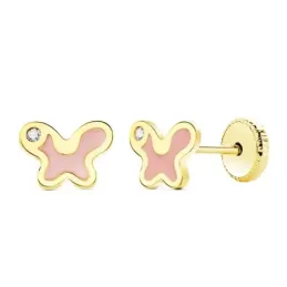 Pendientes oro 18k niña 7mm. mariposa esmalte rosa detalle circonita cierre tornillo