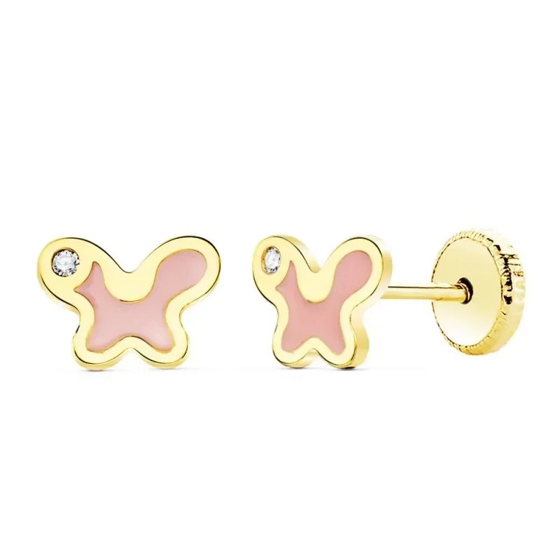 Pendientes oro 18k niña 7mm. mariposa esmalte rosa detalle circonita cierre tornillo