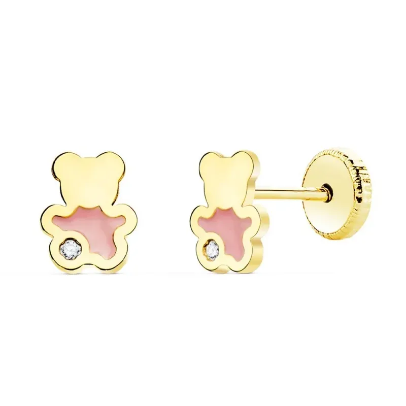 Pendientes oro 18k niña 6mm. osito esmalte rosa detalle circonita cierre tornillo