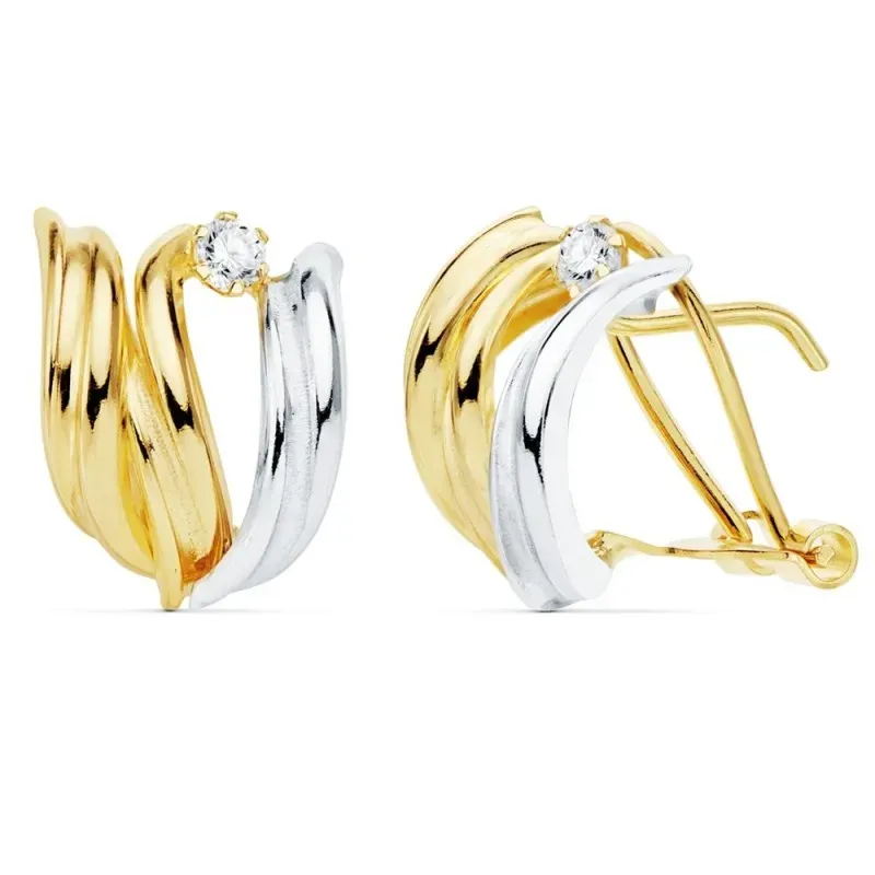 Pendientes oro bicolor 18k bandas lisas 14mm. detalle circonita cierre palillo omega
