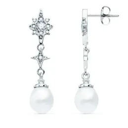 Pendientes oro blanco 18k largos 35mm. estrellas circonitas perla colgando cierre presión