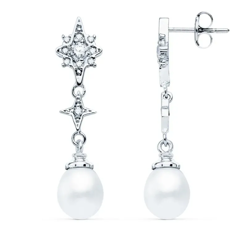 Pendientes oro blanco 18k largos 35mm. estrellas circonitas perla colgando cierre presión