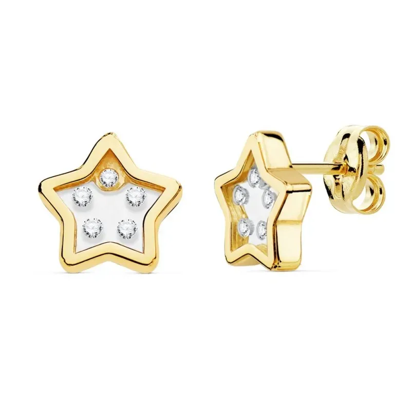 Pendientes oro 18k estrella airshine 9mm. fondo membrana transparente circonitas cerco liso presión