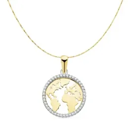 Gargantilla oro bicolor 18k cadena 42cm. veneciana colgante bola del mundo 16mm. cerco circonitas
