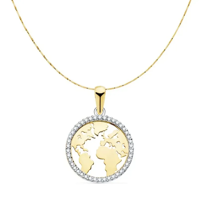 Gargantilla oro bicolor 18k cadena 42cm. veneciana colgante bola del mundo 16mm. cerco circonitas