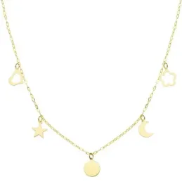 Gargantilla oro 18k cadena forzada 40cm. chapita corazón calado estrella flor calada luna colgando