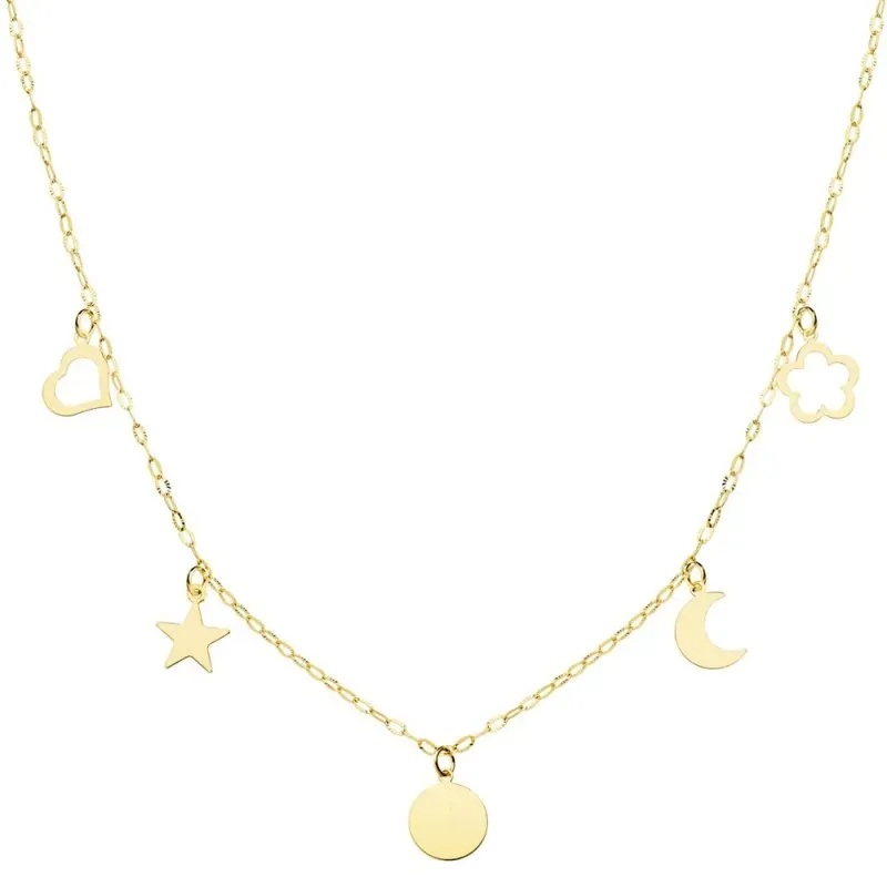 Gargantilla oro 18k cadena forzada 40cm. chapita corazón calado estrella flor calada luna colgando