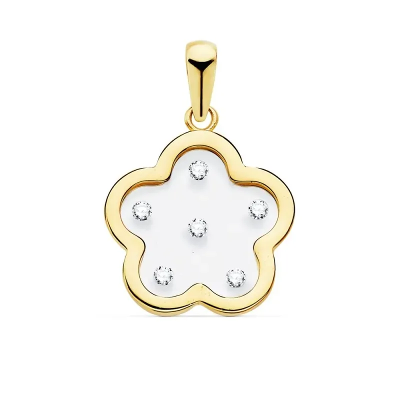 Colgante oro 18k flor airshine 14mm. fondo membrana transparente circonitas cerco liso