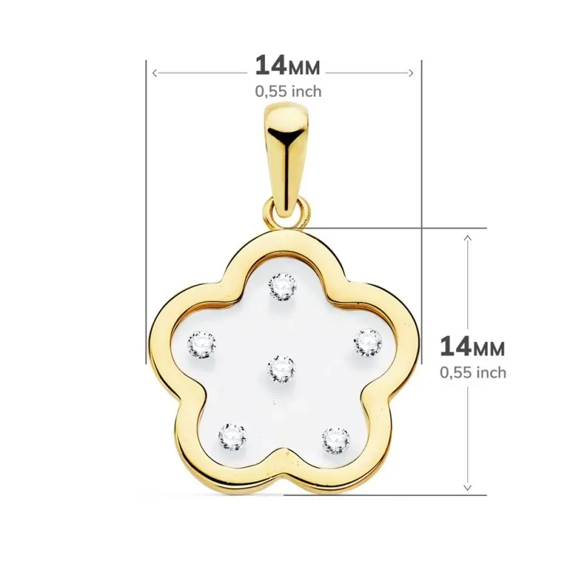Colgante oro 18k flor airshine 14mm. fondo membrana transparente circonitas cerco liso