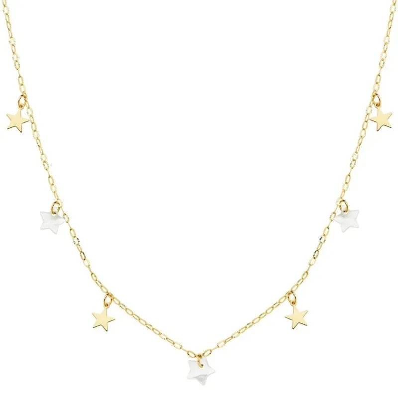 Gargantilla oro 18k cadena 40cm. forzada estrellas 5.5mm. lisas y nácar colgando cierre reasa