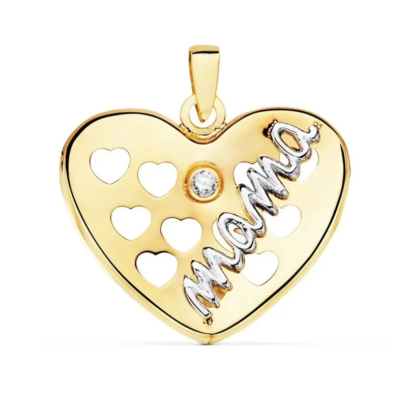 Colgante oro bicolor 18k corazón 20mm. palabra MAMÁ detalle circonita corazones calados