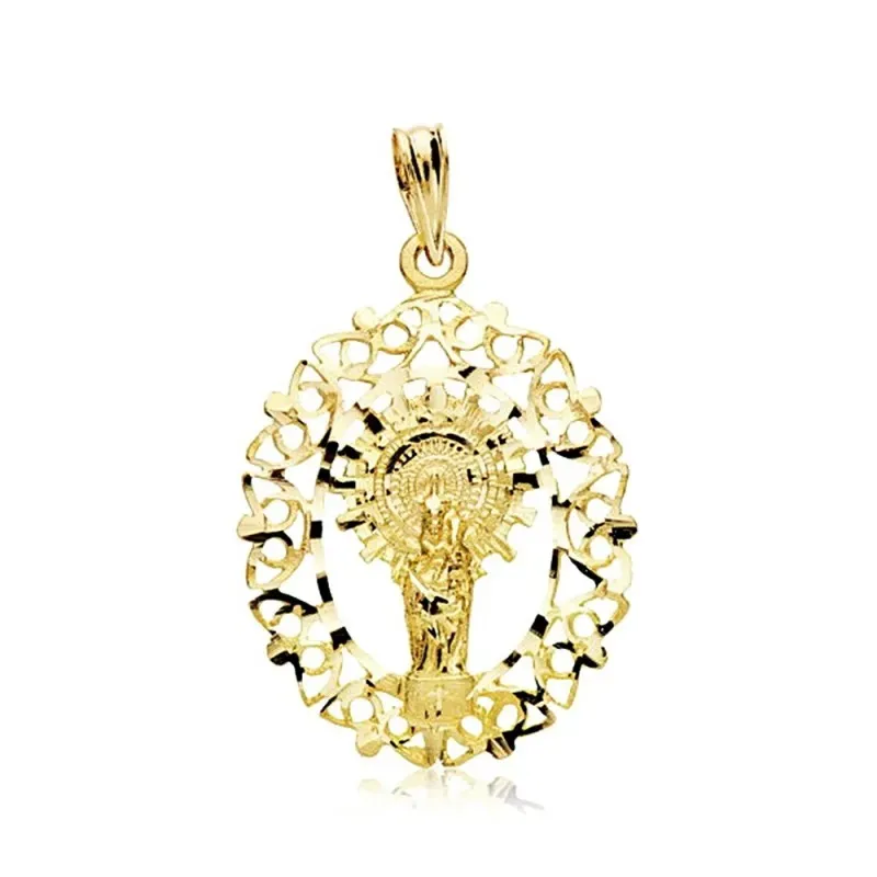 Medalla oro 18k Virgen del Pilar 28mm. calada orla detalles tallados